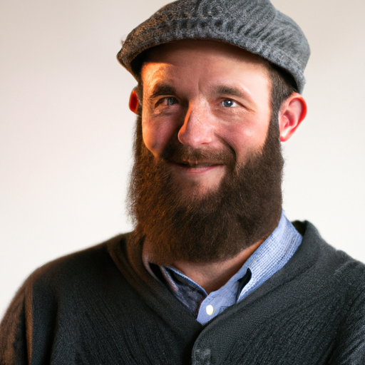 A close-up of the author with a content expression surrounded by a clean sparse backdrop