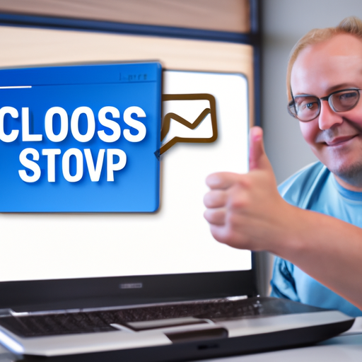 A happy customer giving a thumbs-up with a customer service chat window open on a laptop in the background