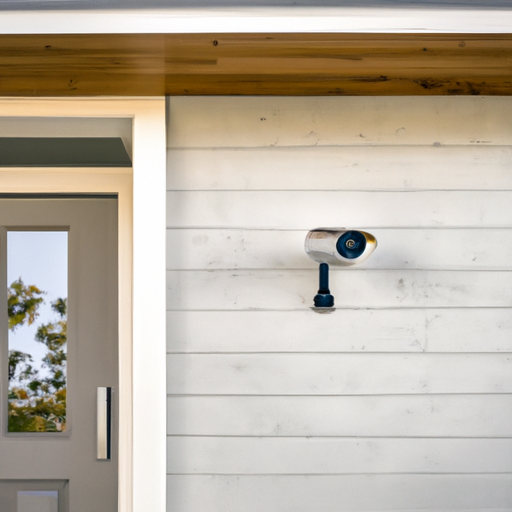 A sleek minimalist home showing a subtle security camera by the front door