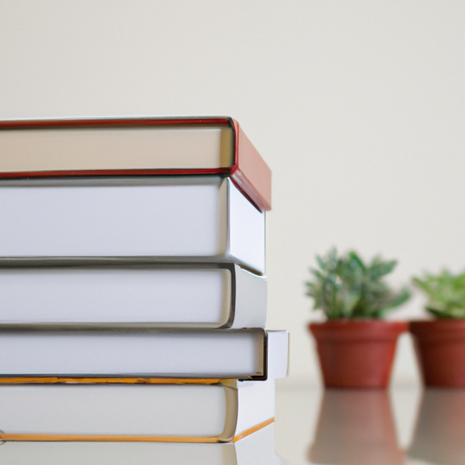 A stack of assorted books with a plant beside it on a clean surface